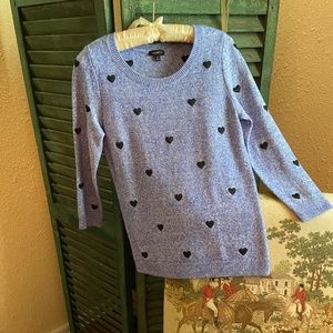 NWOT Talbots Cotton Sweater, XS, Marled Blue/White, Embroidered Hearts